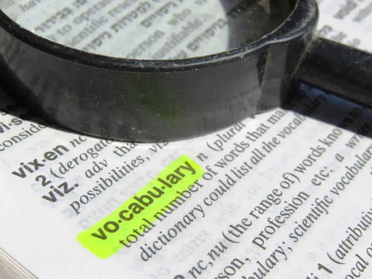 The word “vocabulary” highlighted and magnified in a dictionary, representing word choice differences between Canadian English and British English.