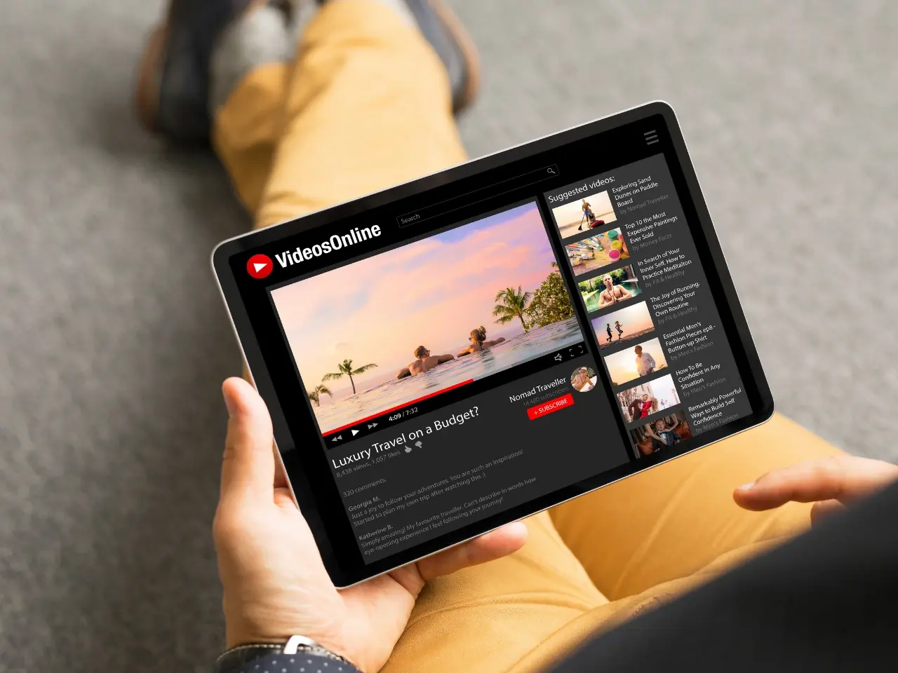 Watching video content with subtitles on a tablet.