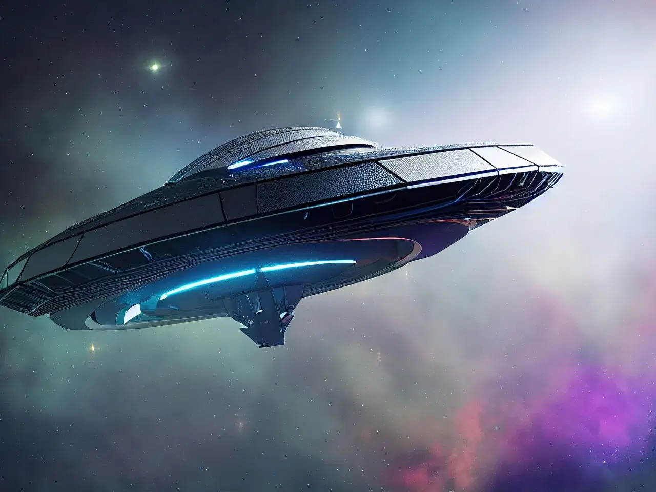 Alien spaceship travelling through deep space, representing science fiction worlds and fictional alien languages.