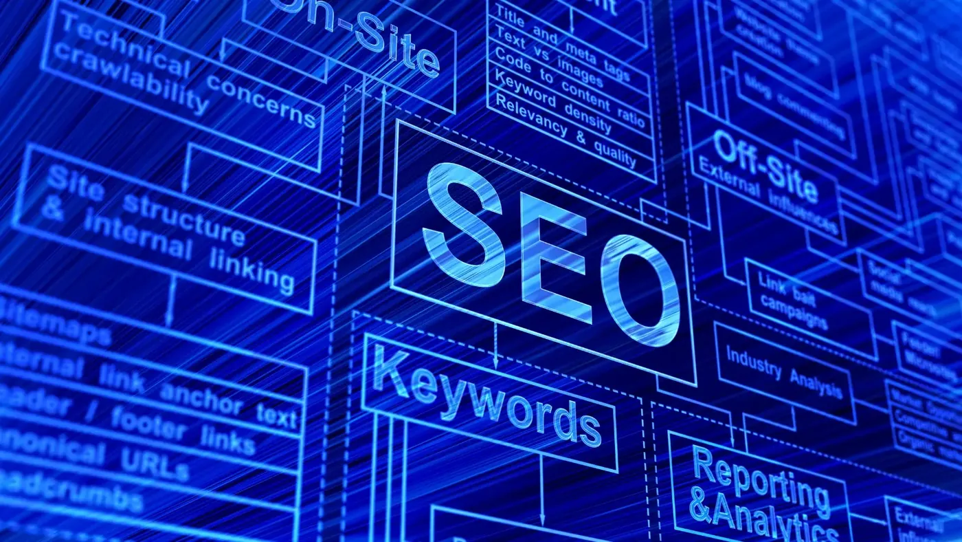 Digital screen showing SEO keywords and website structure to illustrate global SEO optimization.