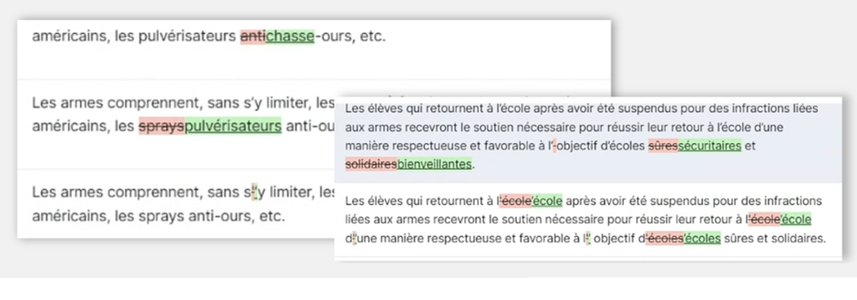 Tracked-changes screenshot of the school-policy translation being post-edited into Québécois French, with corrected terms highlighted