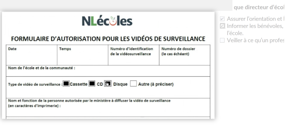 Localized French fillable form — video-surveillance authorization — with form fields and checkboxes