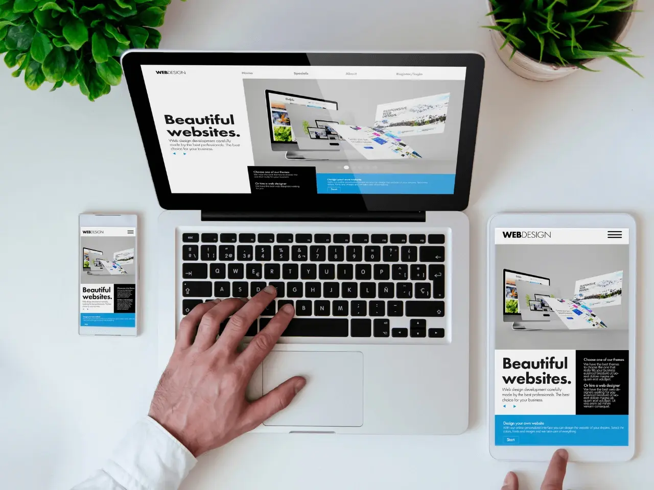 Responsive web design displayed on laptop, tablet, and smartphone screens, showing a consistent website layout across devices for global multilingual marketing.