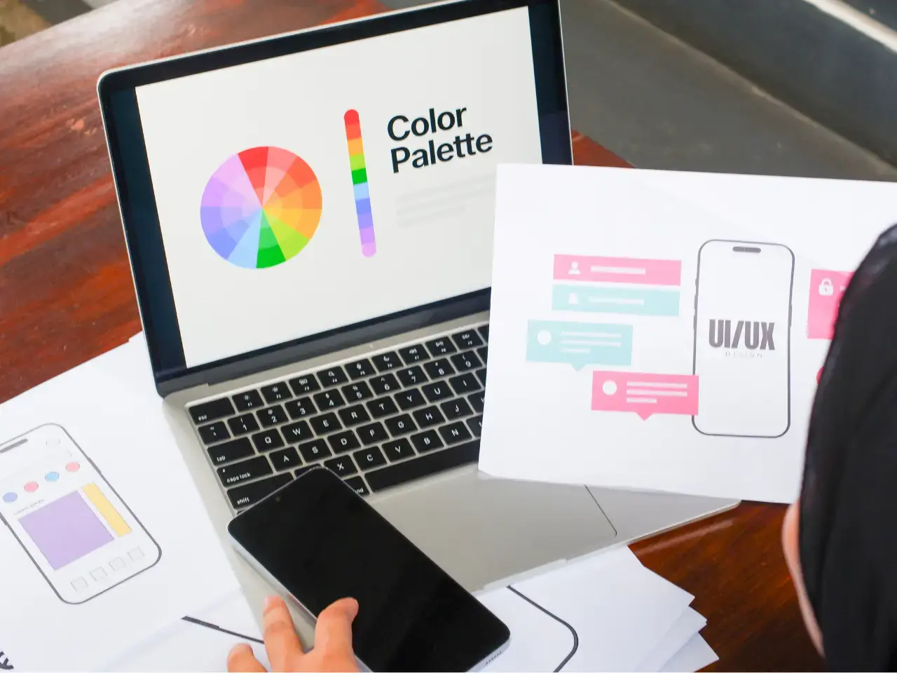 Designer using colour palettes and UI layouts for multilingual UX, navigation, and cultural adaptability.