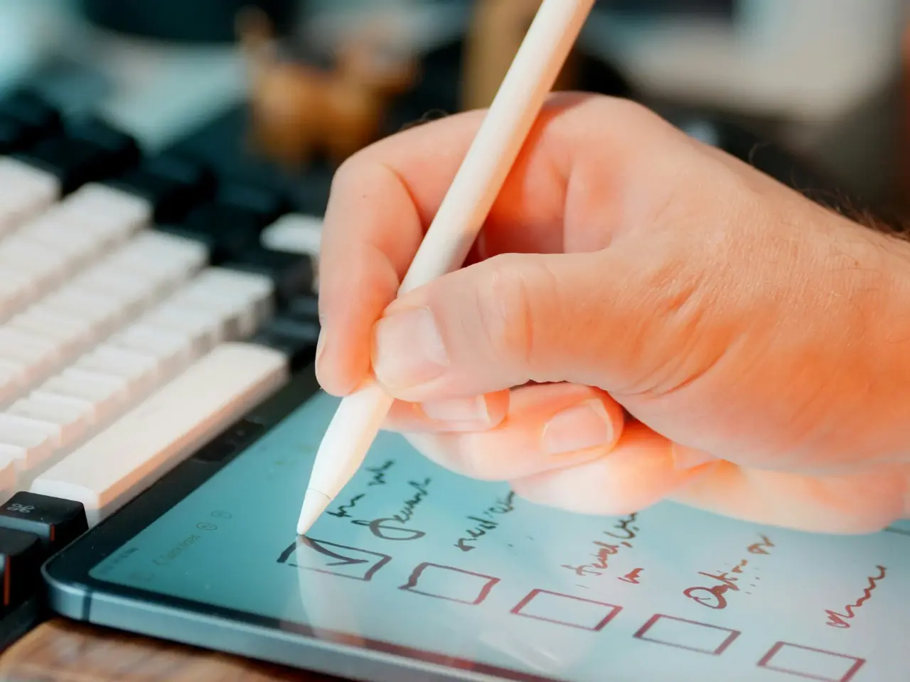 Close-up of a person using a digital pen on a tablet near a keyboard, representing business compliance and documentation requirements under Quebec’s Bill 96.