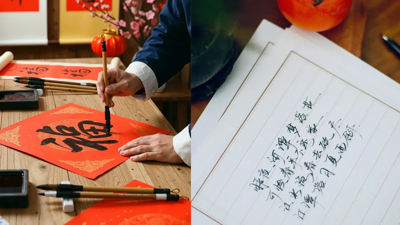 Chinese calligraphy being written with a brush, representing Traditional Chinese characters.