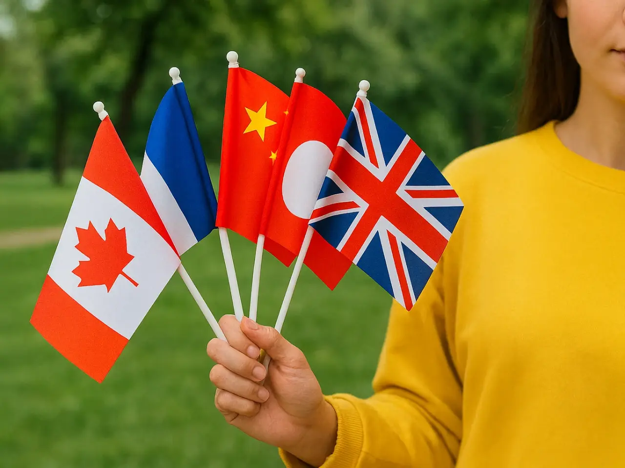 Person holding multiple flags symbolizing multilingual Canadians who speak three or more languages.