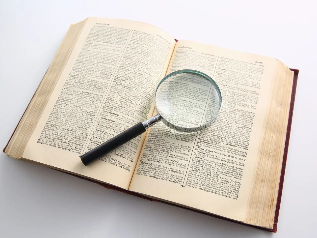Dictionary with a magnifying glass for studying word meanings.