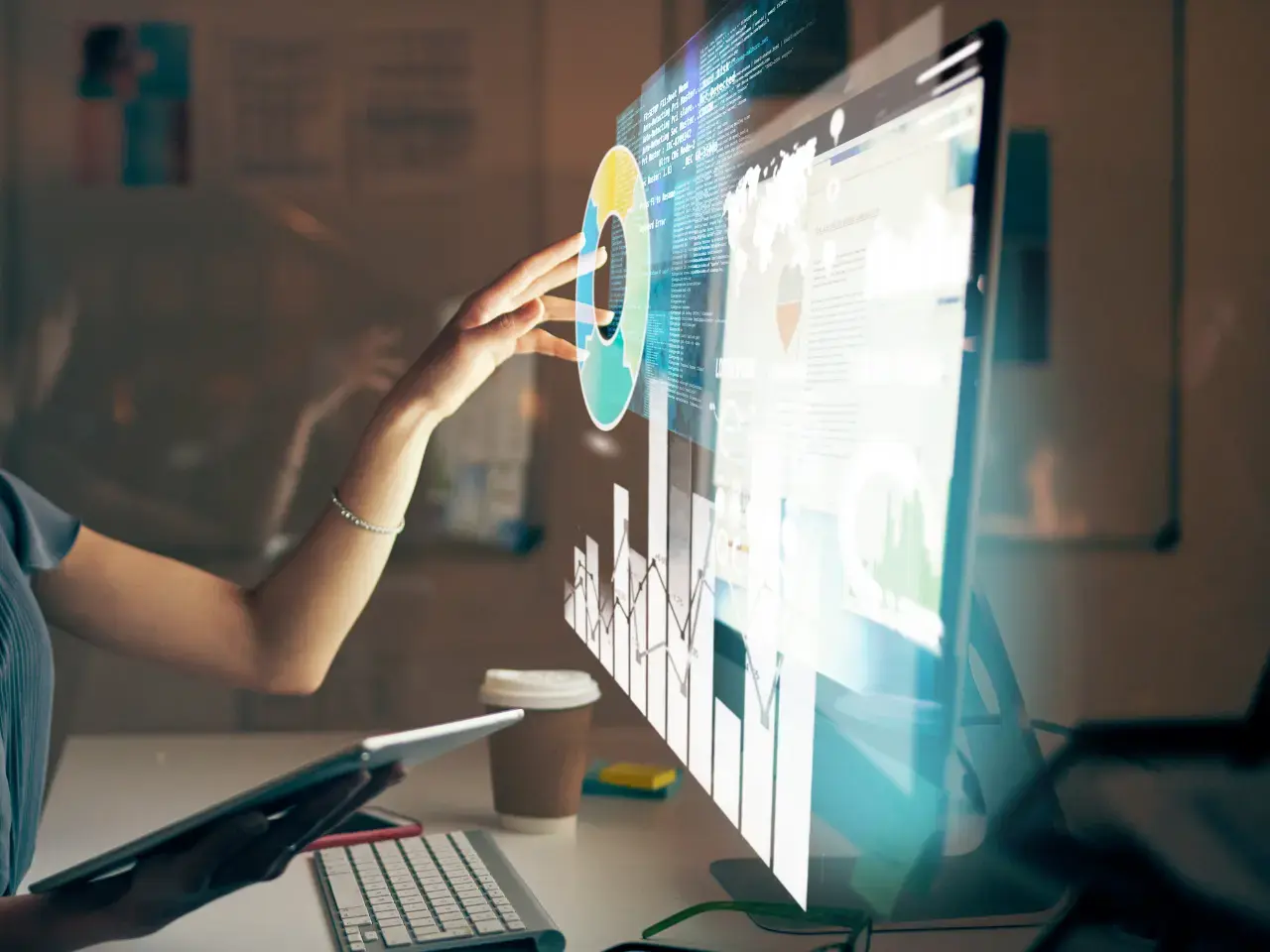 Linguist reviewing machine-translated text on a computer during the post-editing process.