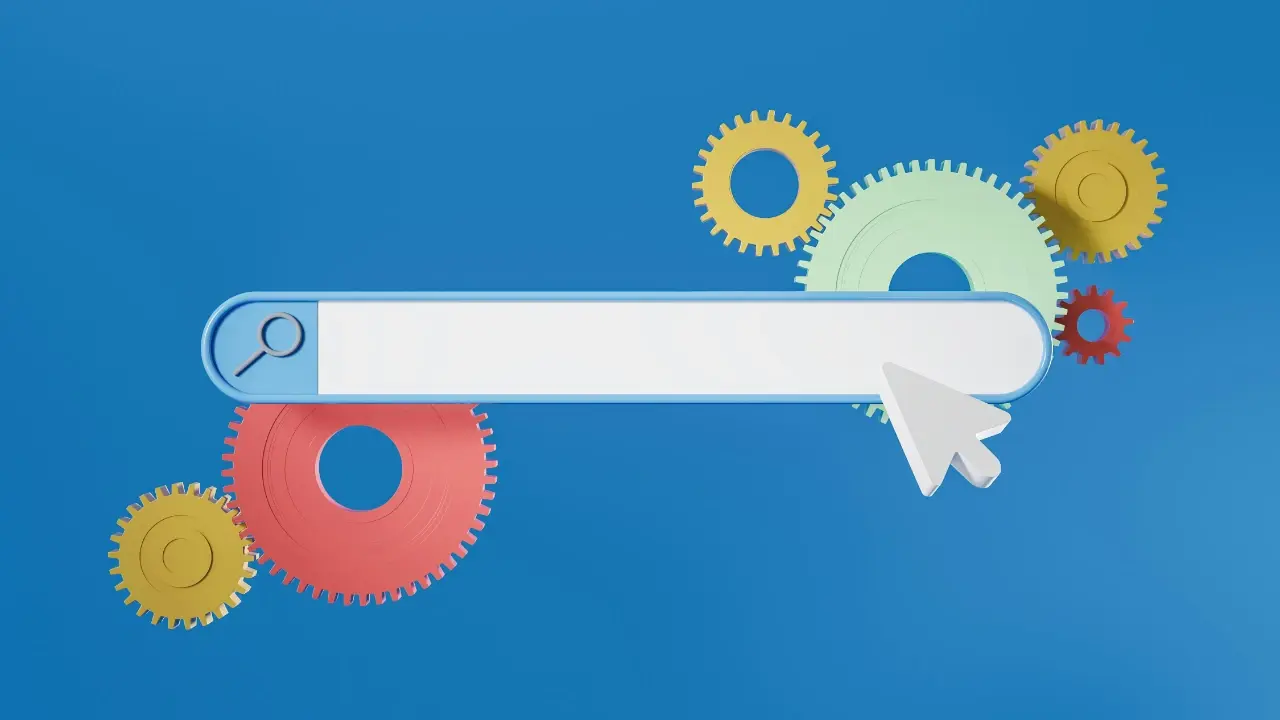 Illustration of a search bar with colourful gears symbolizing Canadian search engines and their unique features.