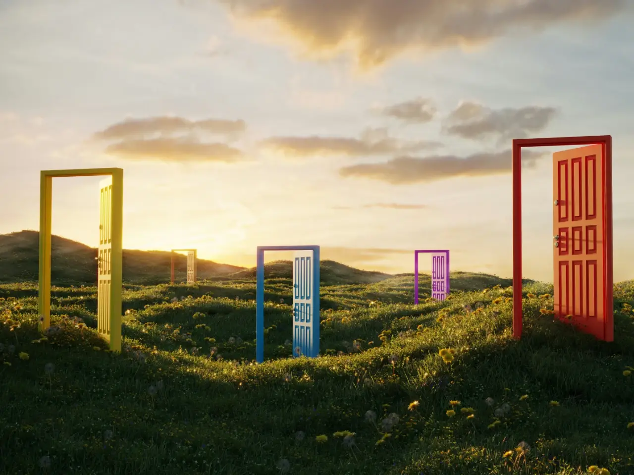 Conceptual image of colourful doors in a field symbolizing users exploring alternatives to the Google search engine in Canada.