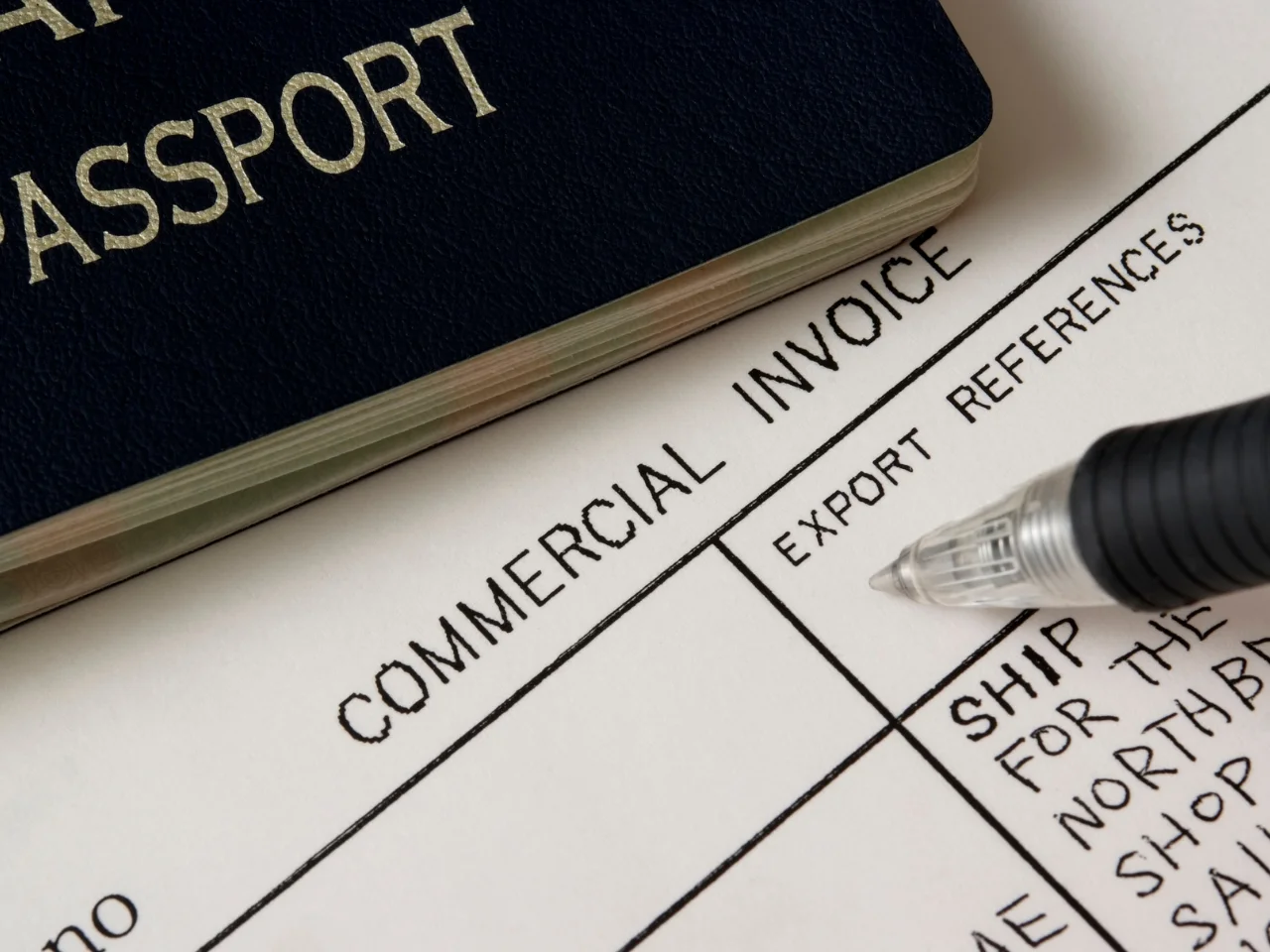 Commercial invoice and export documents for international shipment certification.
