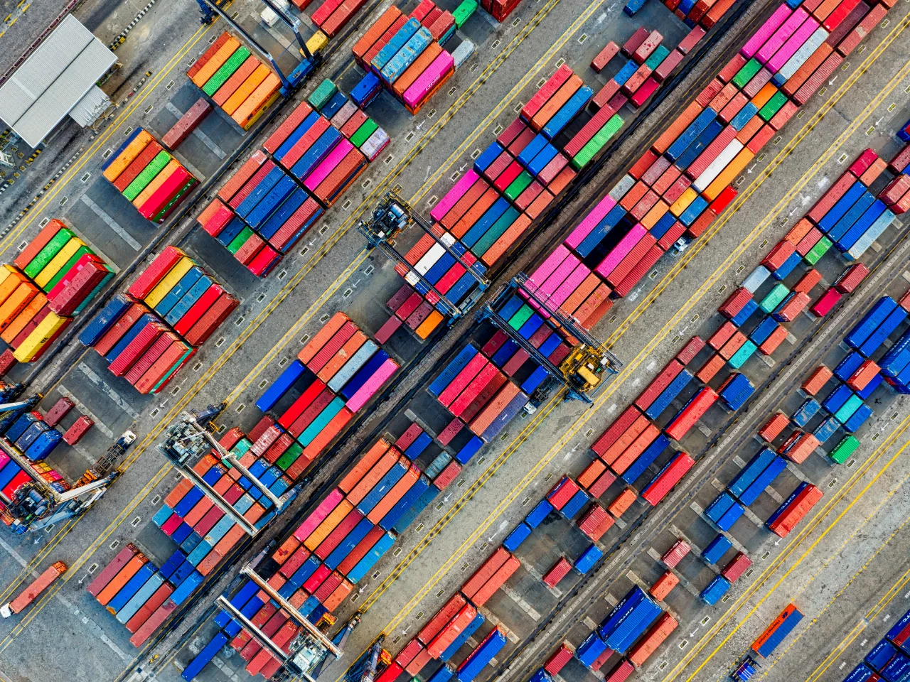 Aerial view of a container terminal illustrating international supply chains and rules of origin for Canadian exports.
