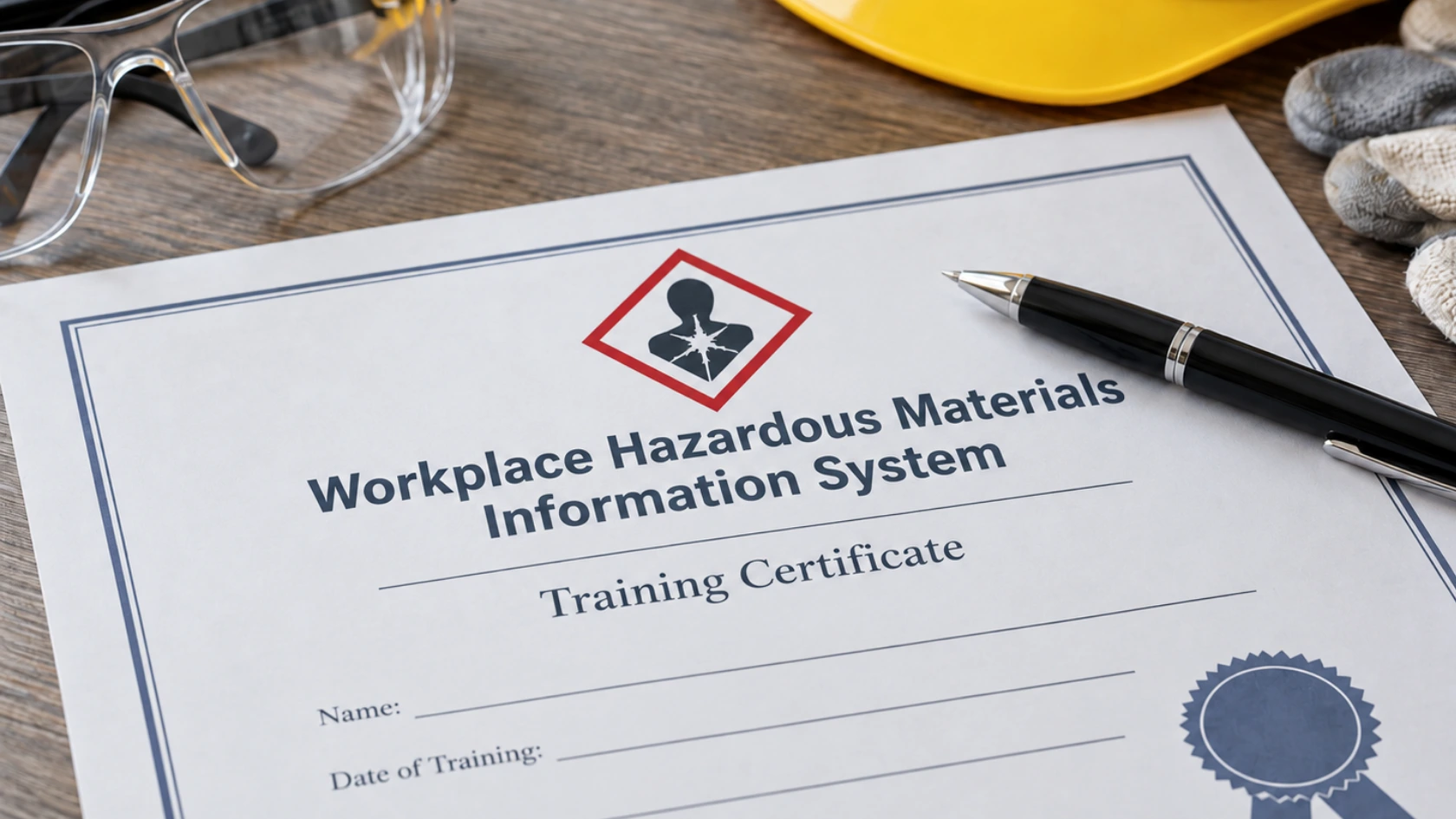 WHMIS training certificate with workplace safety equipment.