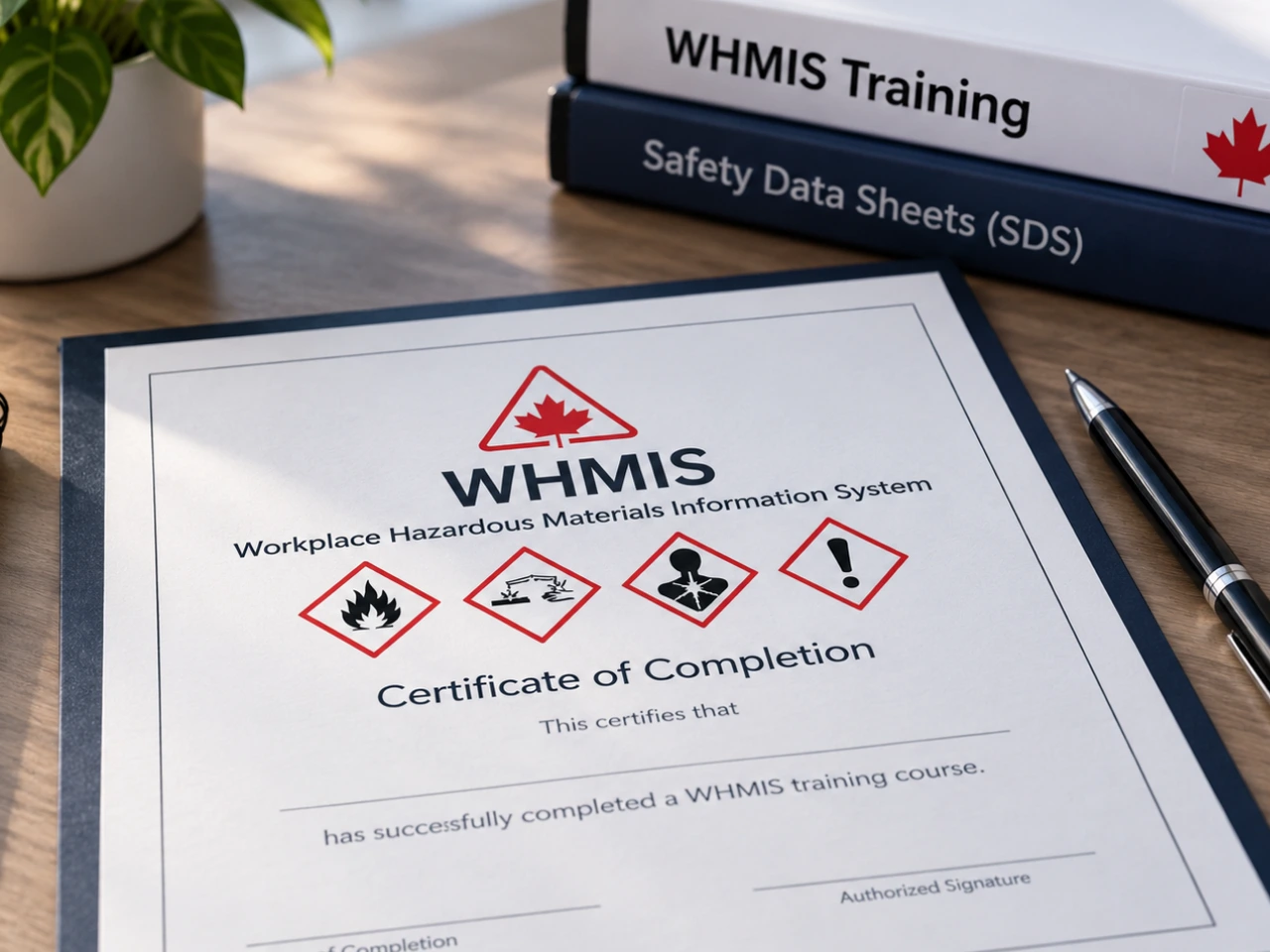 WHMIS certificate of completion with hazard pictograms and training materials.