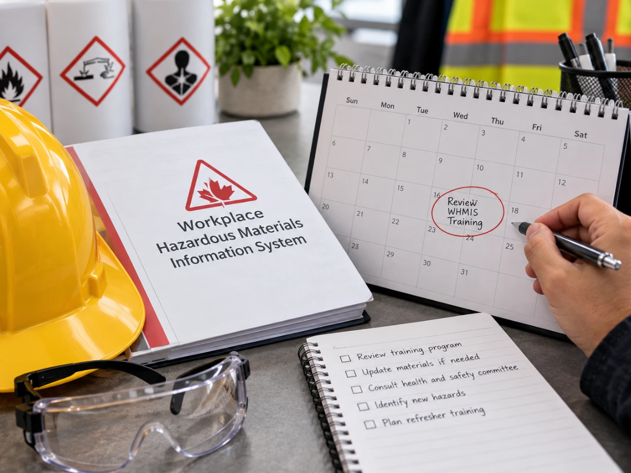 WHMIS training materials and calendar representing regular training reviews.