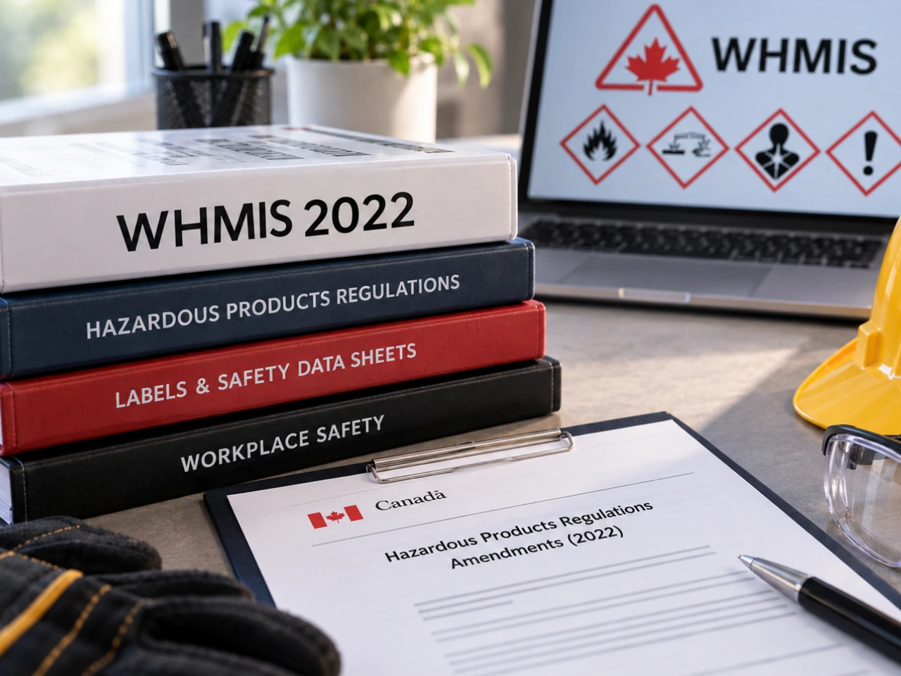 WHMIS 2022 materials with hazardous product regulations, labels, and safety data sheets.