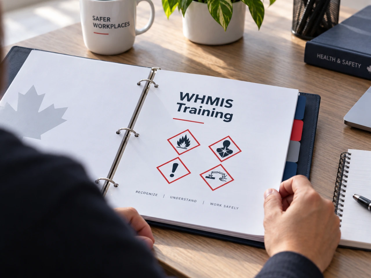 Worker reviewing WHMIS training materials and hazard pictograms.