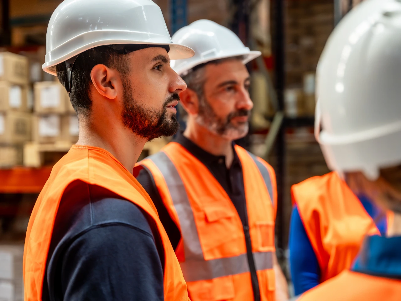 Workers wearing safety gear in a workplace with hazardous product risks.