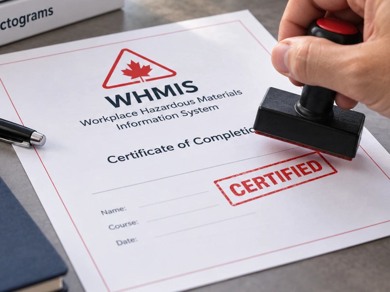 WHMIS certificate being stamped as certified with hazard pictograms.