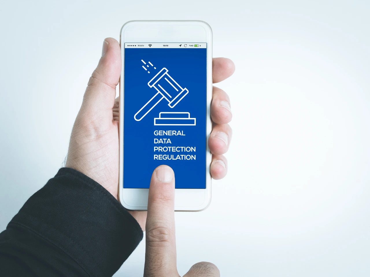 Mobile device displaying GDPR privacy and data protection information.