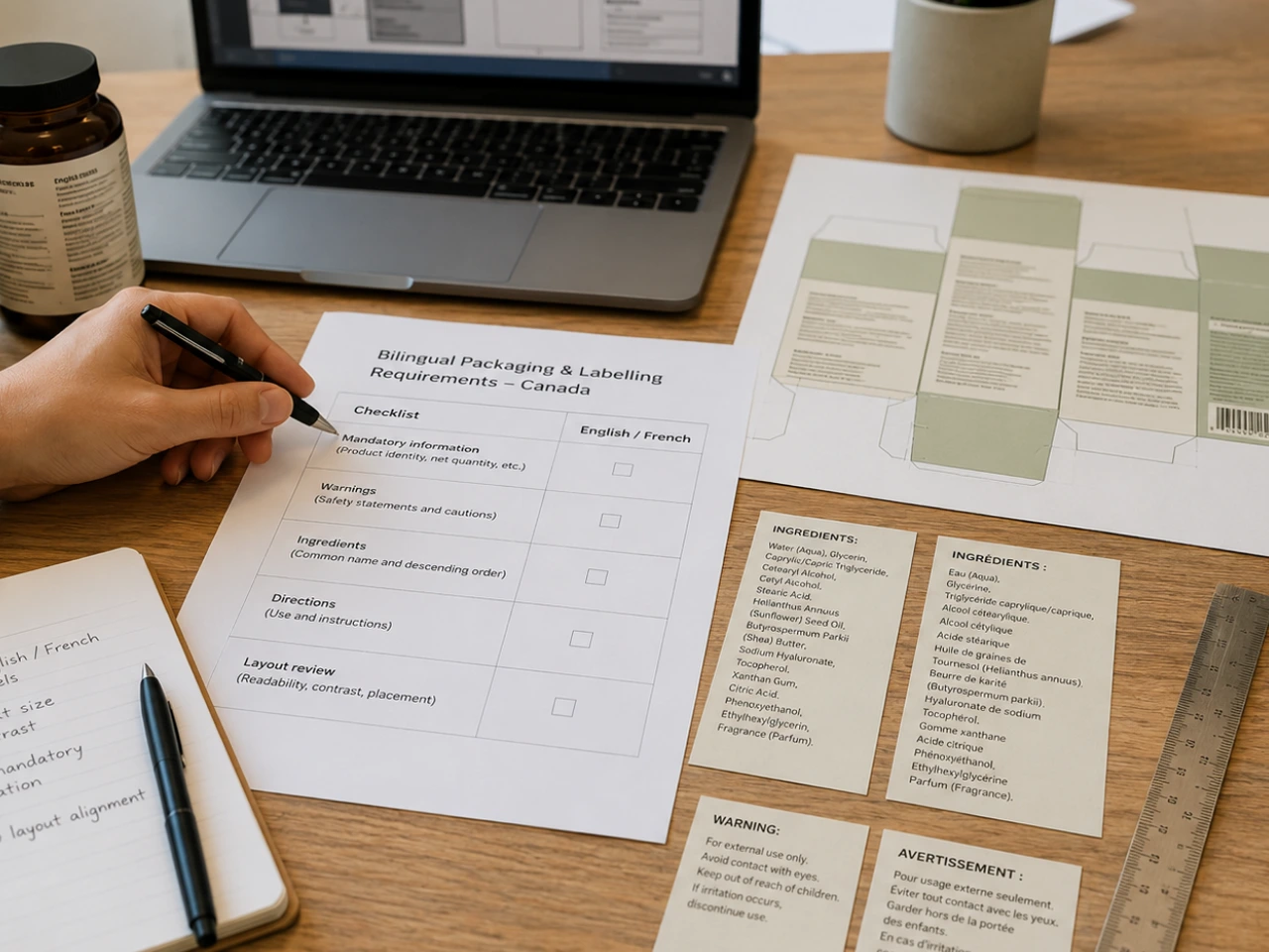 Reviewing product labels for compliance with Canadian bilingual labelling requirements.