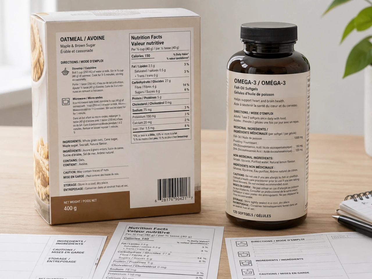 Product packaging displaying ingredient and nutrition information on labels in both English and French.