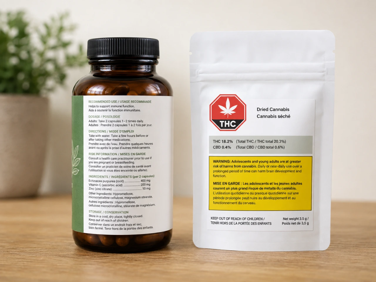Cannabis and natural health product labels showing regulated product information in Canada.
