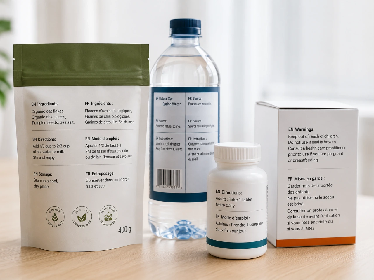 Product labels showing information arranged across different types of packaging.