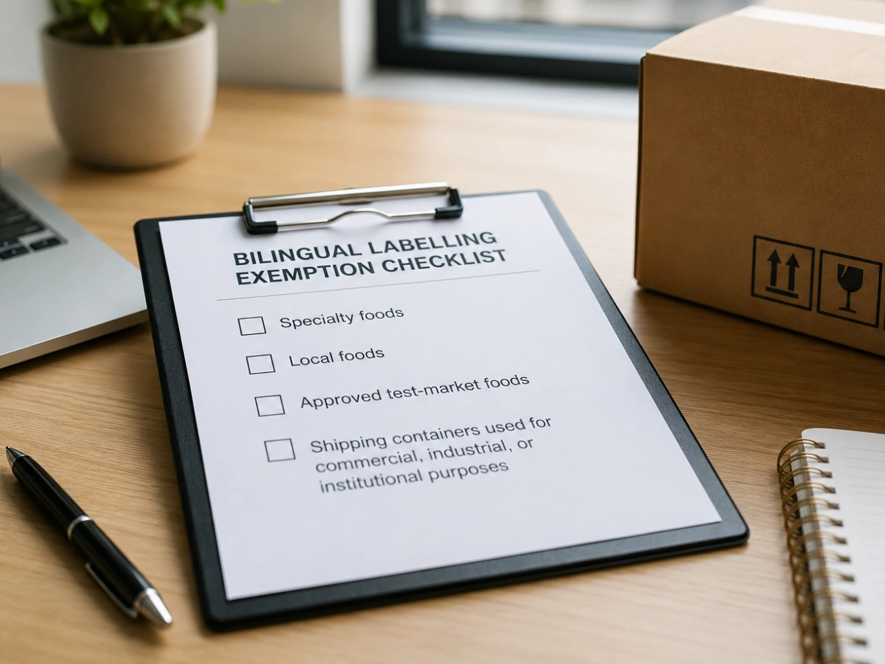 Bilingual labelling exemption checklist beside packaged goods for commercial distribution.