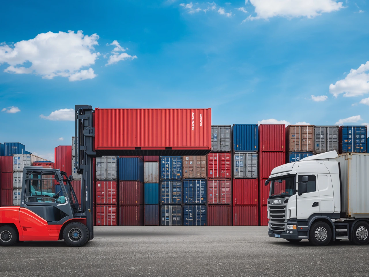Shipping containers and trucks representing India–Canada trade and logistics.