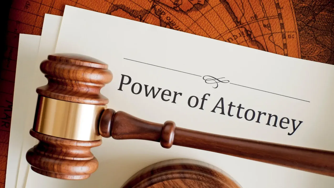Power of attorney document with a legal gavel representing international power of attorney, notarization, apostille, and legal authority abroad.