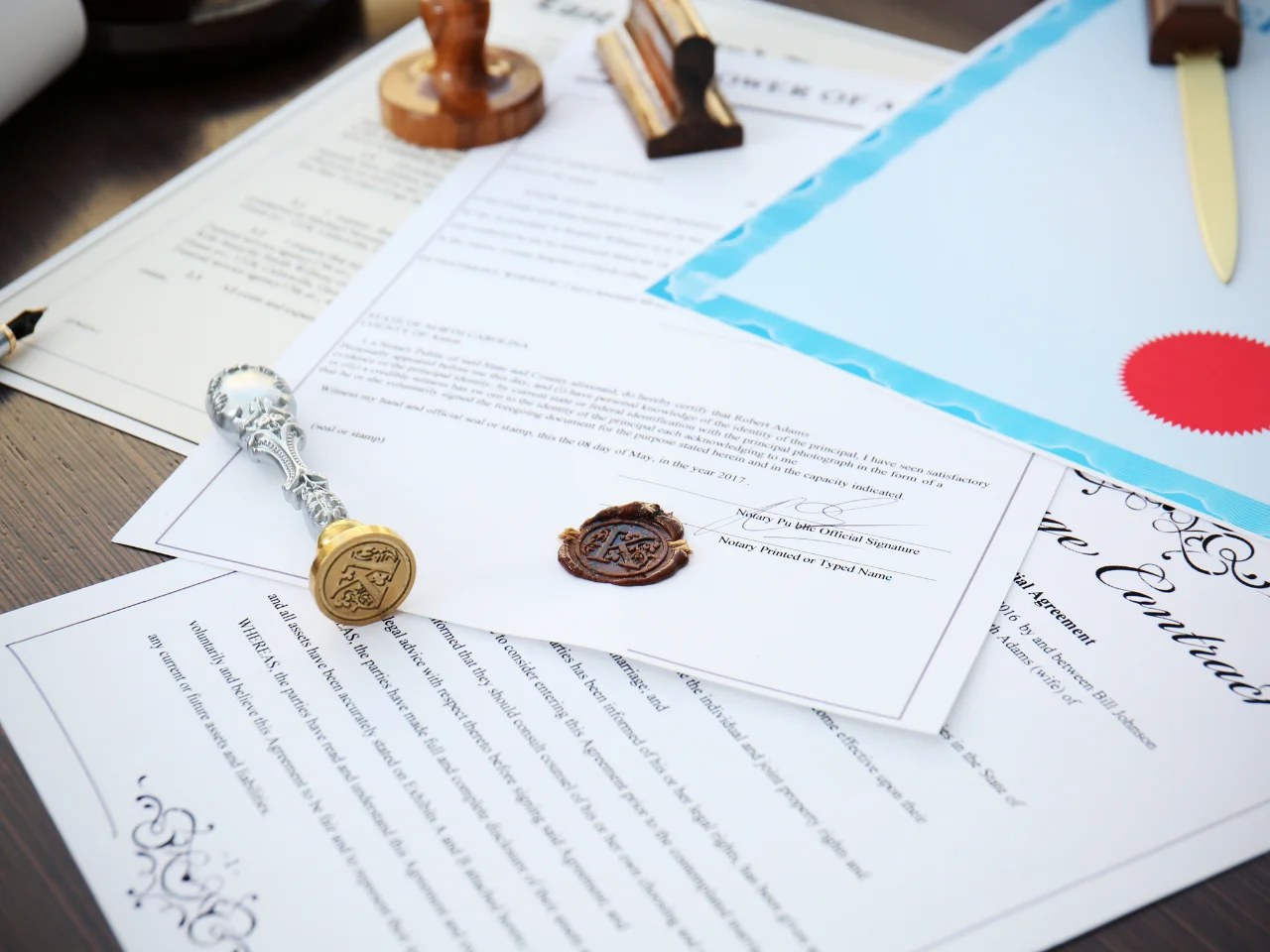 Notarized legal documents with official seals and certificates prepared for apostille, authentication, and international use.