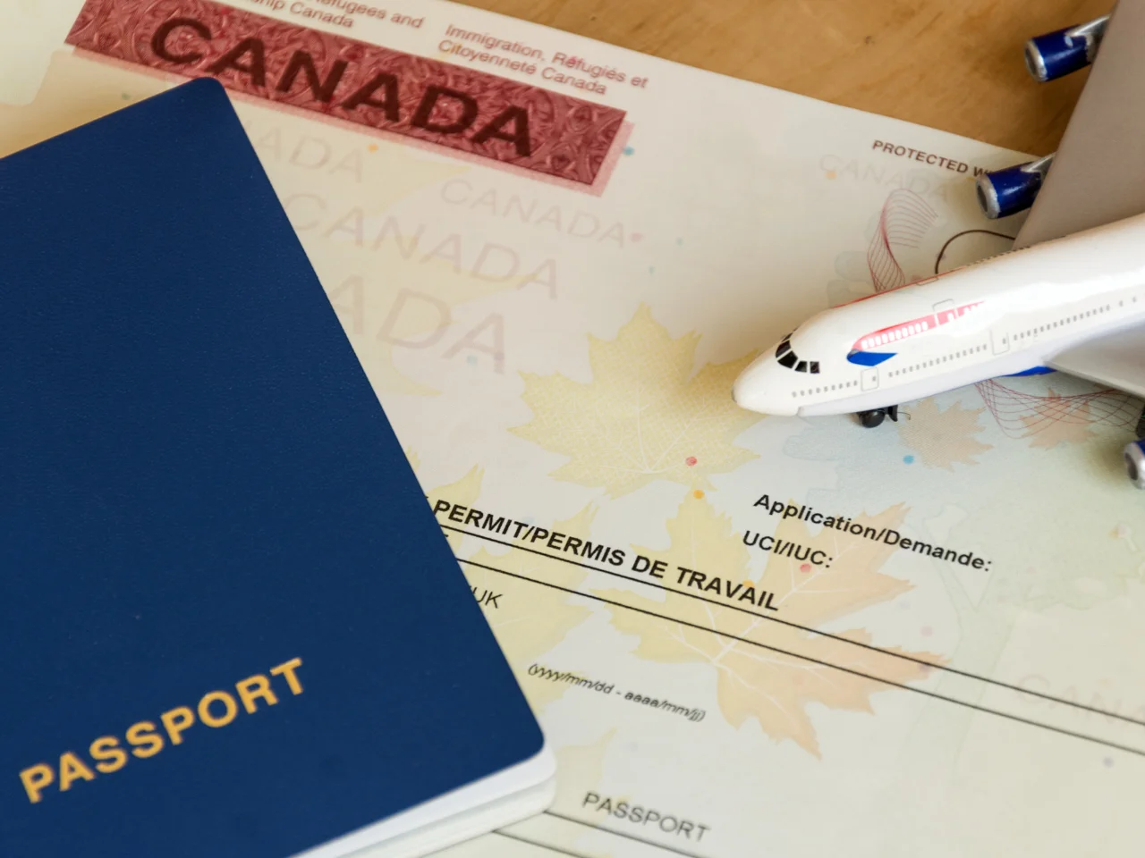 Canadian work permit, passport, and travel documents for an intra-company transferee work permit application.