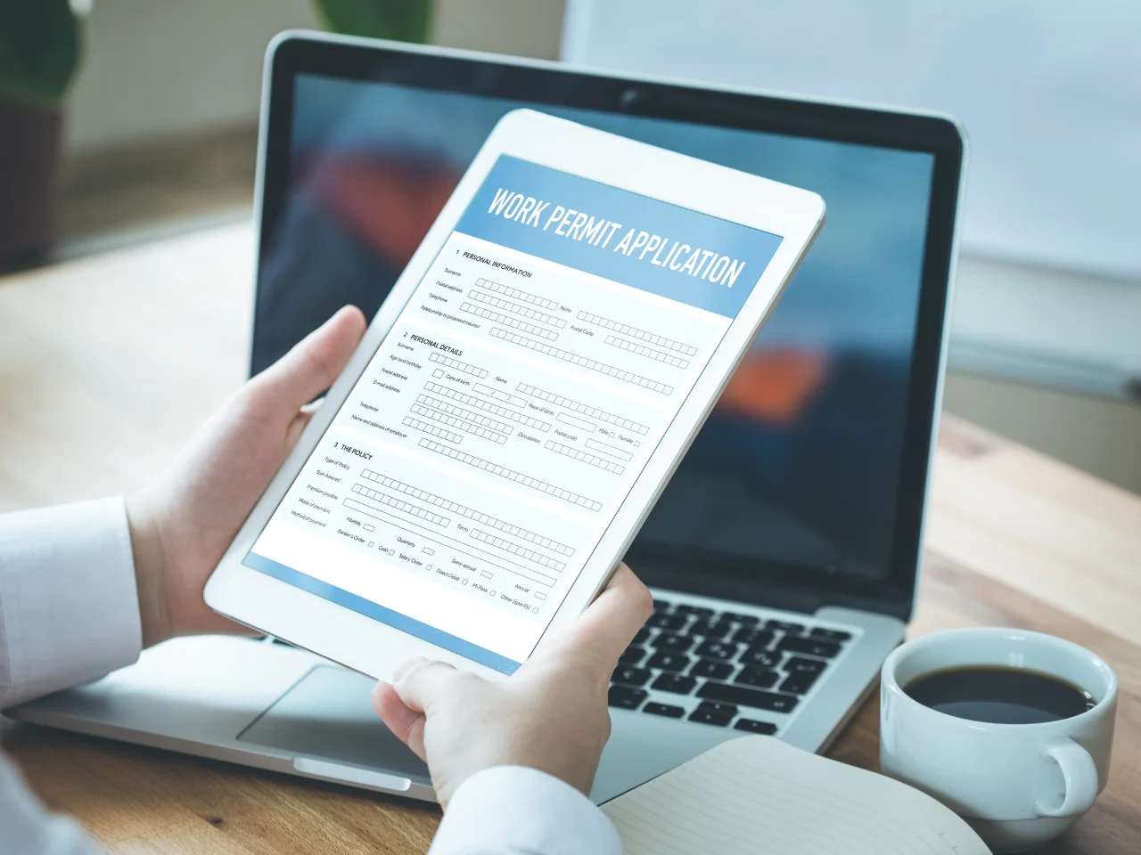Person completing an online intra company transferee work permit application for Canada.