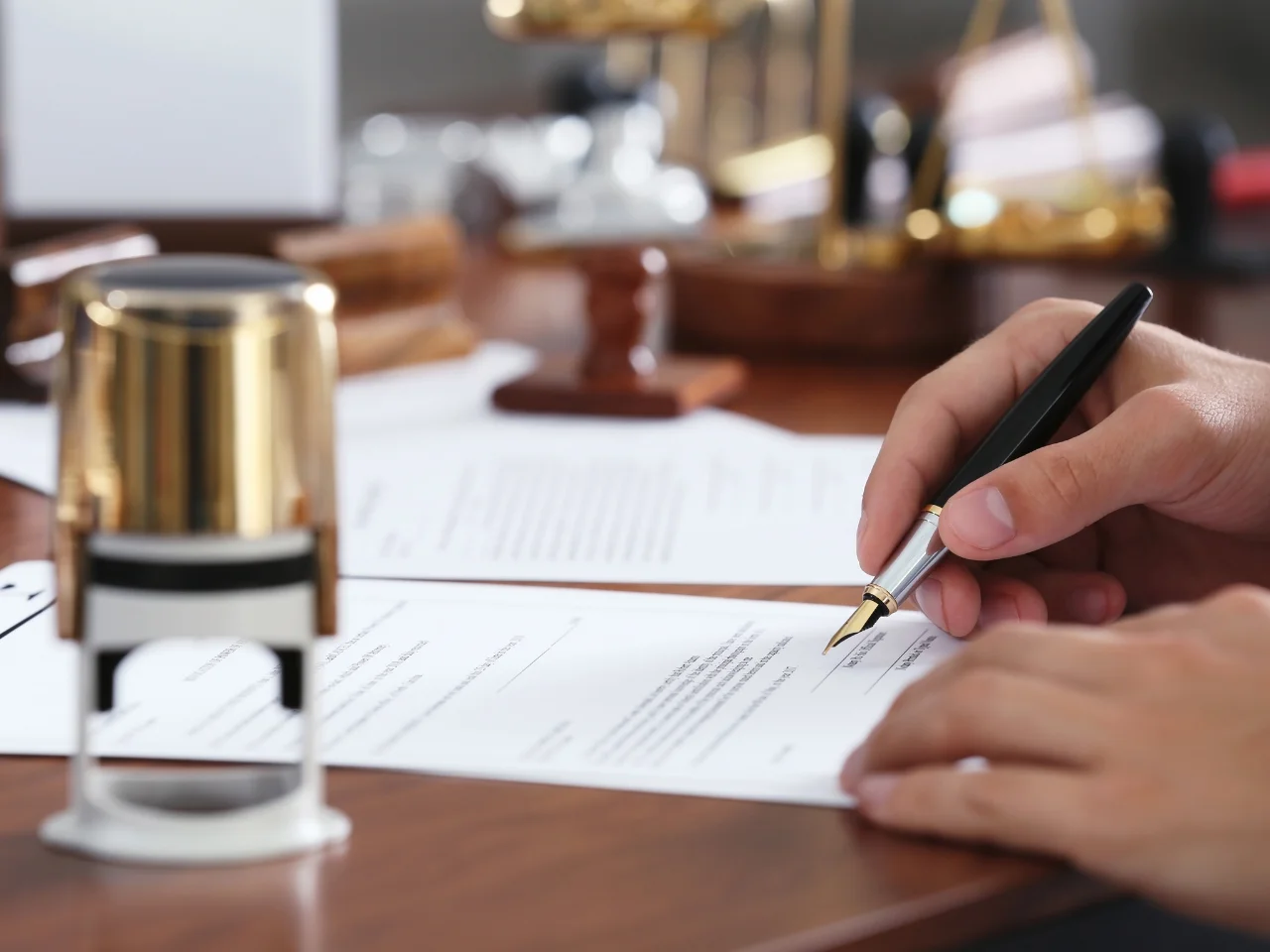 Notary public signing and verifying identity documents in the office.