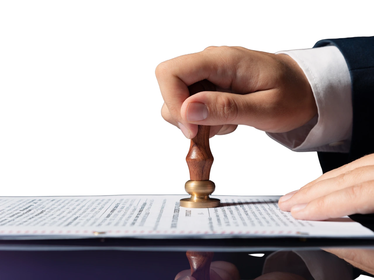 Notary stamping official documents for language law compliance.